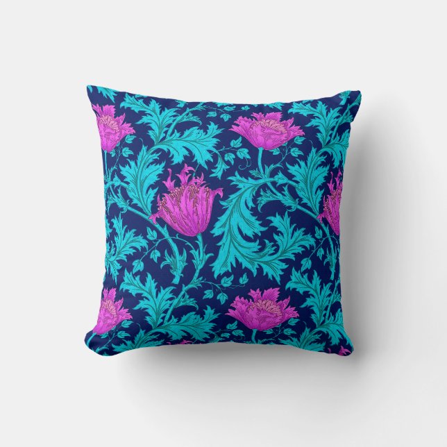 William Morris Anemone, Navy, Turquoise & Magenta Kussen (Voorkant)