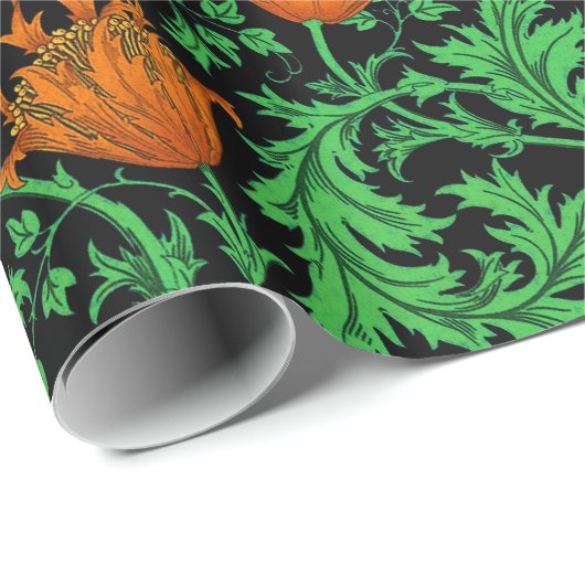 William Morris Anemone, Oranje, groen en zwart Cadeaupapier (Rol Hoek)