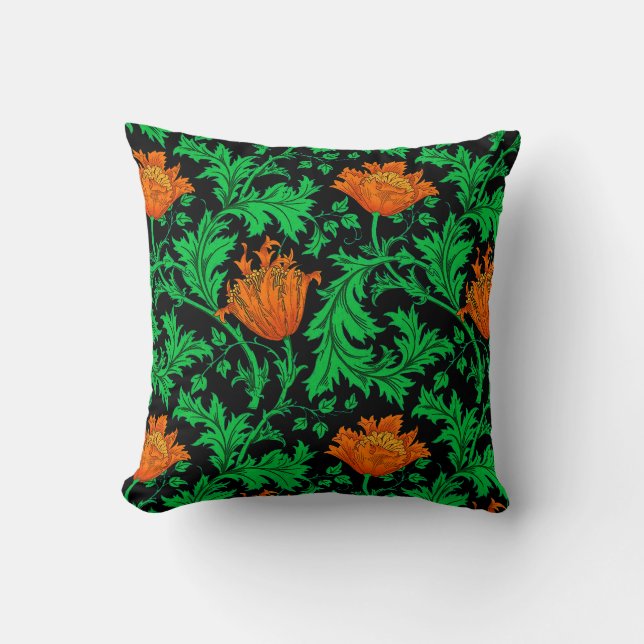 William Morris Anemone, Oranje, groen en zwart Kussen (Voorkant)