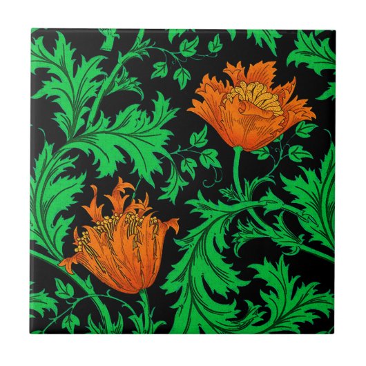 William Morris Anemone, Oranje, groen en zwart Tegeltje (Voorkant)