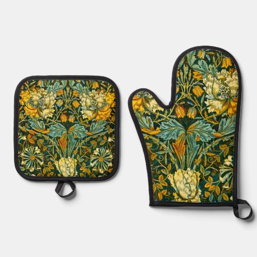 William Morris Antiek Honeysuckle Floral Pattern Ovenwant & Pannenlap Set (Voorkant)