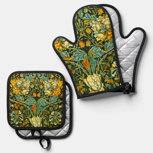 William Morris Antiek Honeysuckle Floral Pattern Ovenwant & Pannenlap Set (Voorkant / Achterkant)