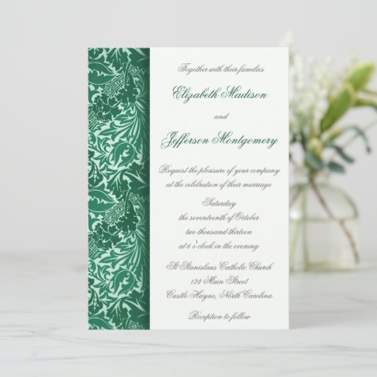 William Morris Aqua Leaves Wedding Invitation Kaart (Staand voorkant)