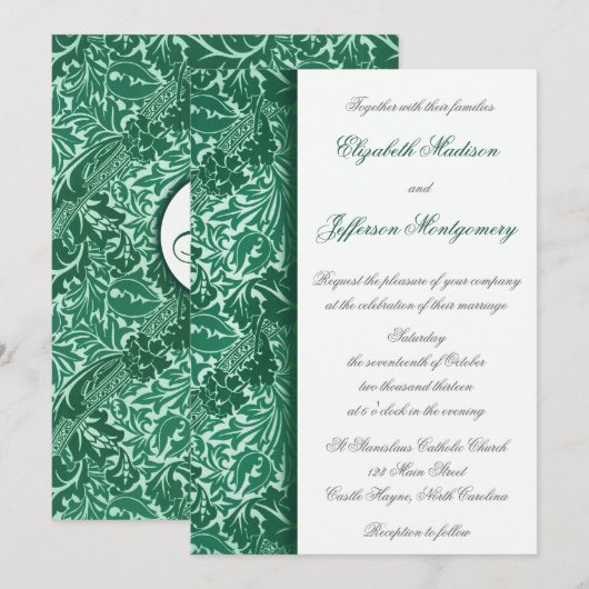 William Morris Aqua Leaves Wedding Invitation Kaart (Voorkant / Achterkant)