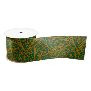 William Morris Arcadia Floral Pattern Green Golden Satijnen Lint