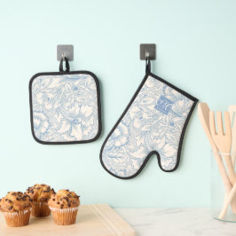 William Morris, Art Nouveau Blauw Acanthus Monogra Ovenwant & Pannenlap Set