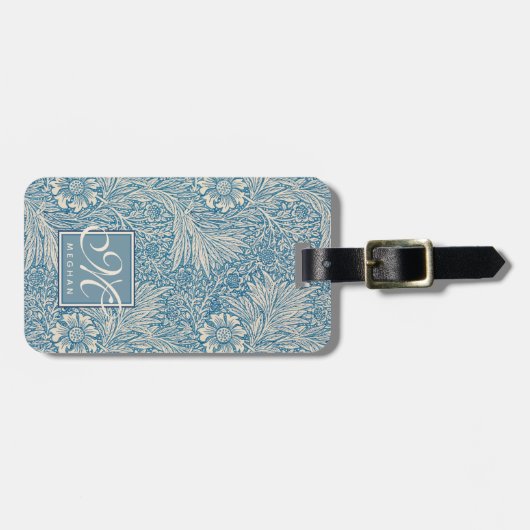 William Morris, Art Nouveau Blue Marigold Monogram Bagagelabel (Voorkant horizontaal)