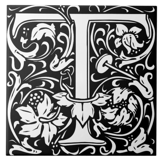William Morris Art Nouveau Initiaal Vines Letter T Tegeltje (Voorkant)