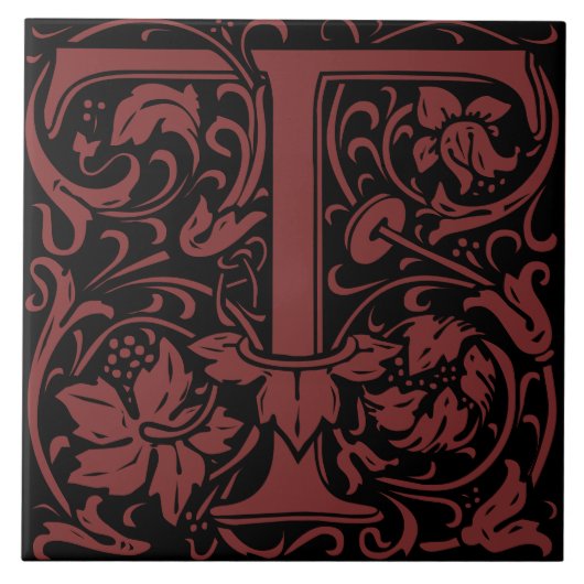 William Morris Art Nouveau Initiaal Vines Letter T Tegeltje (Voorkant)