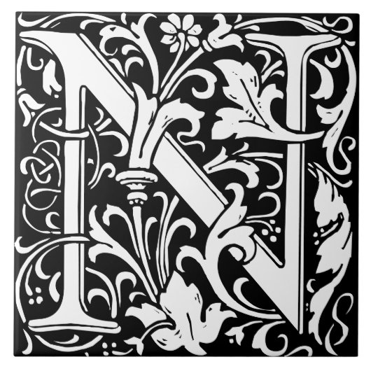 William Morris Art Nouveau Monogrammed Letter N Tegeltje (Voorkant)