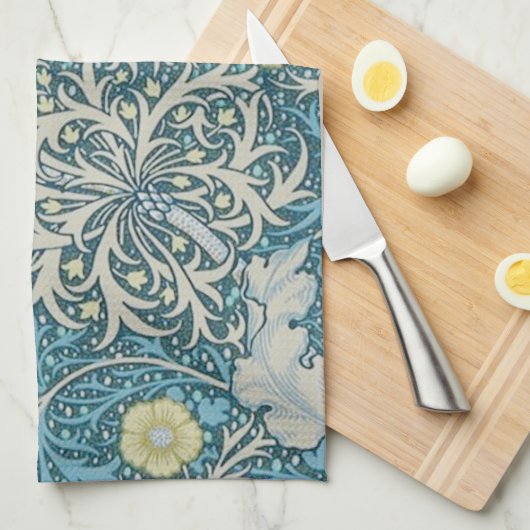 William Morris, art nouveau Patroon, zeewier, blau Theedoek (Quarter Fold)