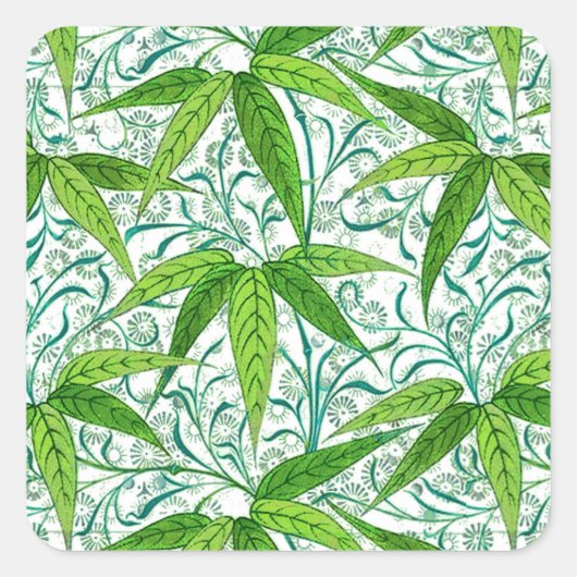 William Morris Bamboo Print, groen en wit Vierkante Sticker (Voorkant)
