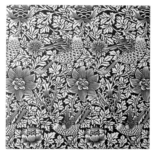 William Morris 'Bird and Anemone' in Black & White Tegeltje (Voorkant)