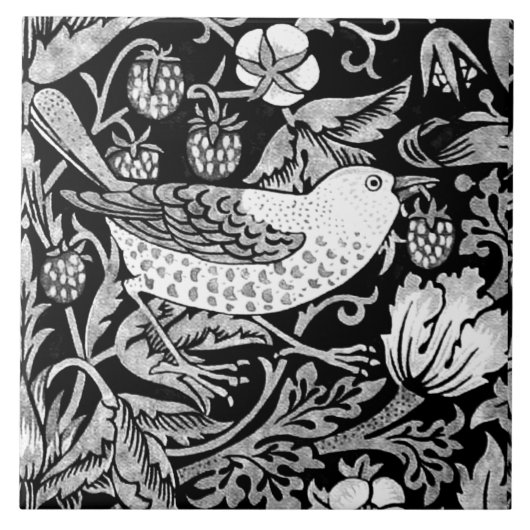 William Morris Bird & Flower Tile, Black and White Tegeltje (Voorkant)