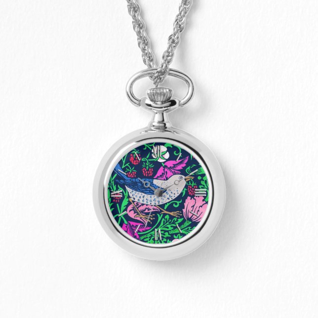 William Morris Bird & Flower Tile, Navy & Fuchsia Horloge (Voorkant)