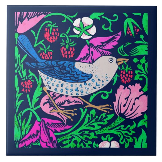 William Morris Bird & Flower Tile, Navy & Fuchsia Tegeltje (Voorkant)