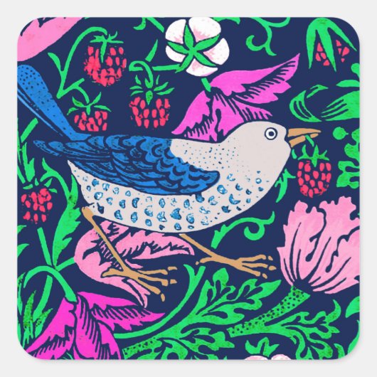 William Morris Bird & Flower Tile, Navy & Fuchsia Vierkante Sticker (Voorkant)