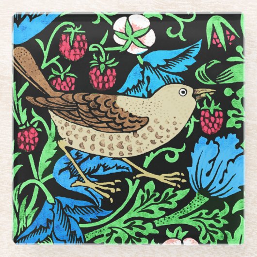 William Morris Bird & Flower Tile, op Black Glazen Onderzetter (Voorkant)