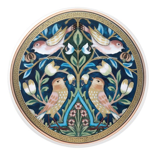 William Morris Birds and Tulips Art Nouveau Keramische Knop (Voorkant)