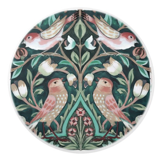 William Morris Birds and Tulips Green Art Nouveau Keramische Knop (Voorkant)