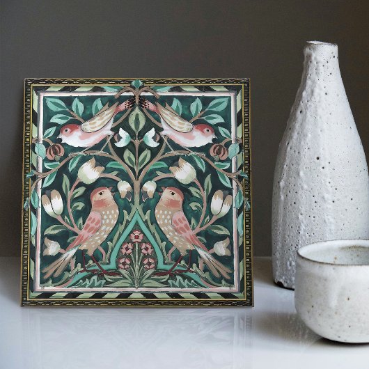 William Morris Birds and Tulips Green Art Nouveau Tegeltje