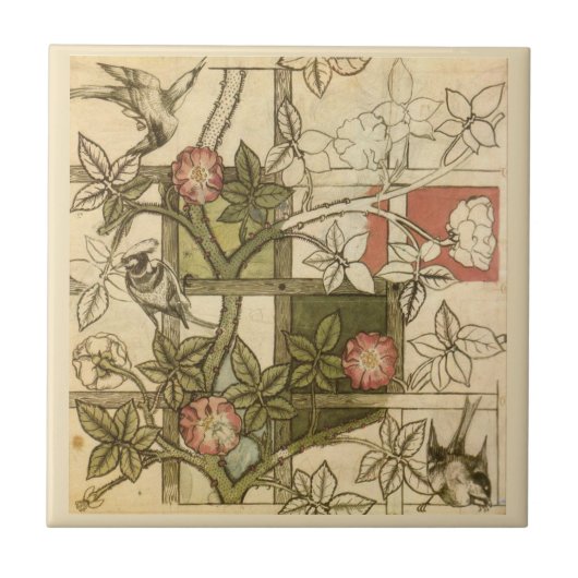 William * Morris Birds Trellis Vines Olive Beige Tegeltje (Voorkant)