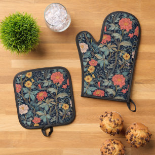 William Morris Blauw Turquoise Arts & Crafts Bloem Ovenwant & Pannenlap Set
