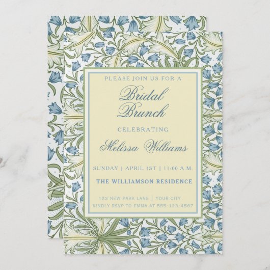 William Morris - Blauwe Belbloemen Bridal Brunch Kaart (Voorkant / Achterkant)