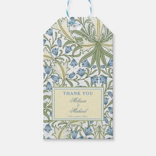 William Morris, Blauwe Belbloemen Bruiloft Dank u Cadeaulabel (Voorkant)