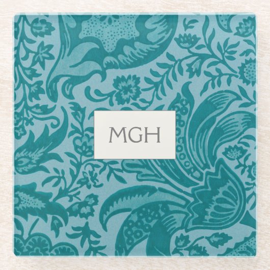 William Morris Blauwgroen Botanisch Monogram Glazen Onderzetter (Voorkant)