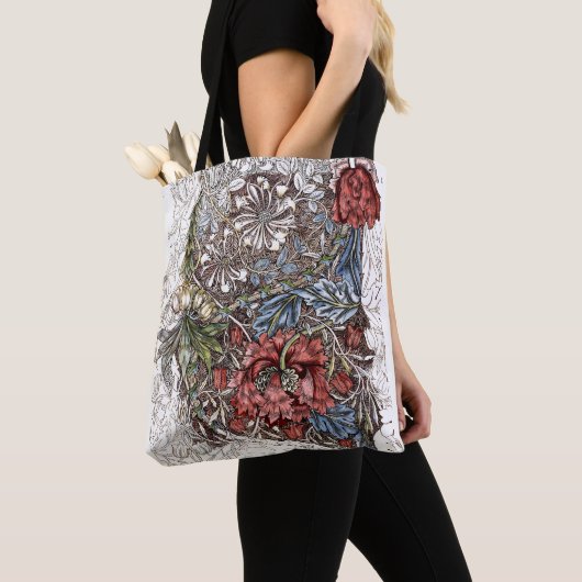 William morris bloemen bloemenillustratie rood bla tote bag (Dichtbij)