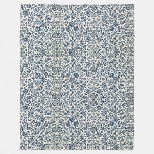William Morris Bloemenmotief Blauw Wit Fleece Deken (Voorkant)