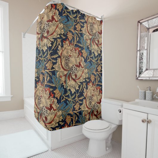 William Morris  Bloemenmotief Rood Blauw Douchegordijn (In situ)