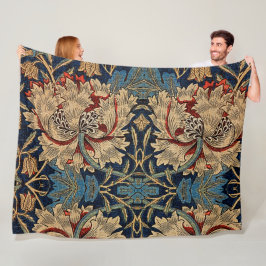 William Morris  Bloemenmotief Rood Blauw Fleece Deken