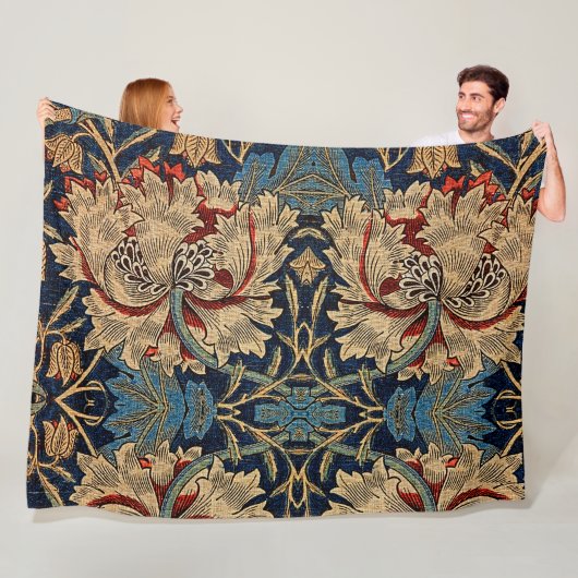 William Morris  Bloemenmotief Rood Blauw Fleece Deken (In situ)