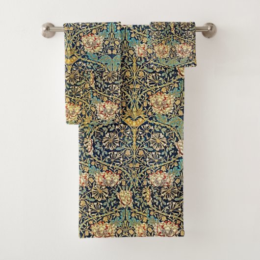 William Morris bloemenpatroon goud turquoise rood Bad Handdoek (Insitu)