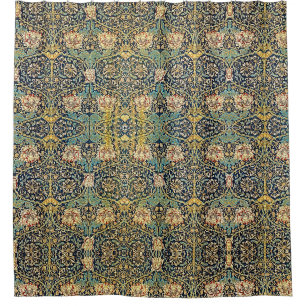 William Morris bloemenpatroon goud turquoise rood Douchegordijn