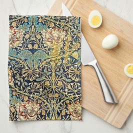 William Morris bloemenpatroon goud turquoise rood Theedoek