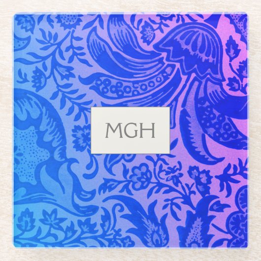 William Morris Blue Botanical Monogram Glazen Onderzetter (Voorkant)