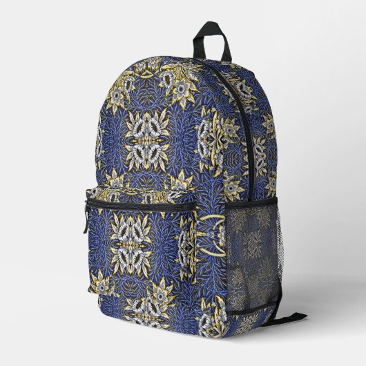 William Morris Blue en Gold Tulip Willow Design Bedrukte Rugzak (Achterkant Hoek Rechts)