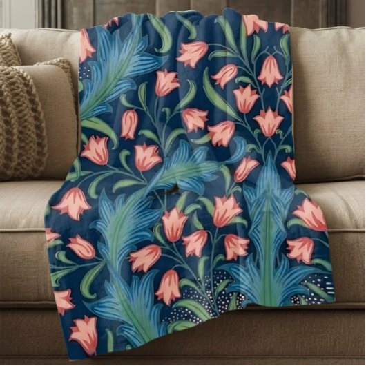 William Morris Blue Green Pink Floral Pattern Fleece Deken