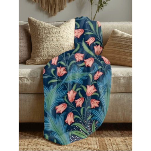 William Morris Blue Green Pink Floral Pattern Fleece Deken