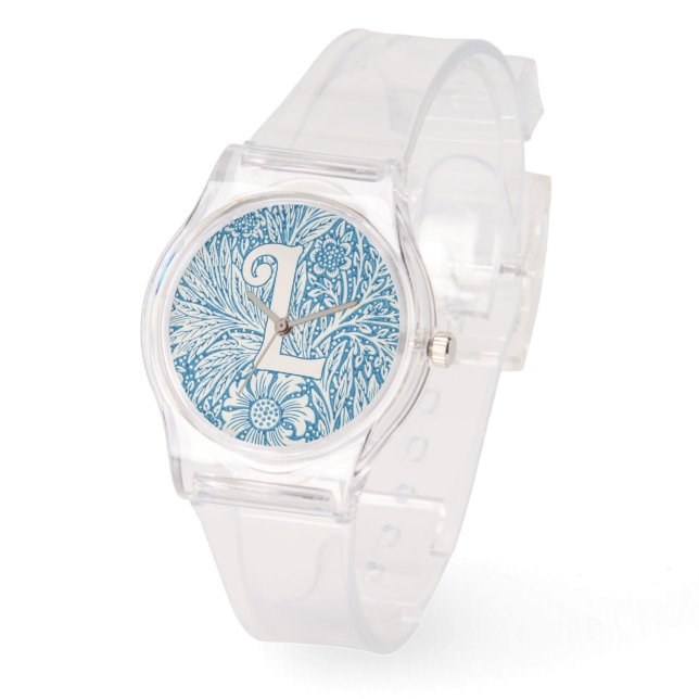 William Morris Blue Marigold Monogram Horloge (Hoek)