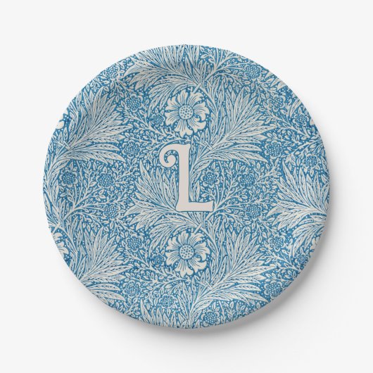 William Morris Blue Marigold Monogram Papieren Bordje (Voorkant)