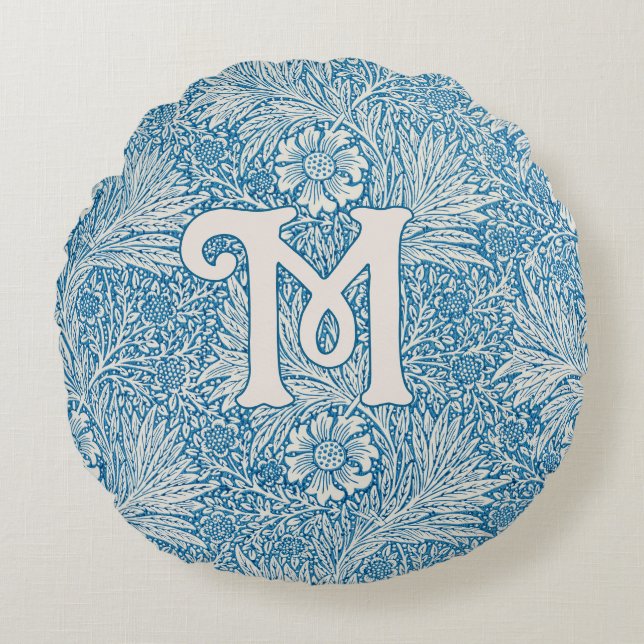 William Morris Blue Marigold Monogram Rond Kussen (Voorkant)