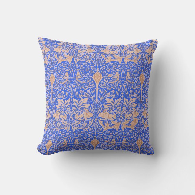 William Morris Blue Tan Rabbits Patterned Damask Kussen (Voorkant)