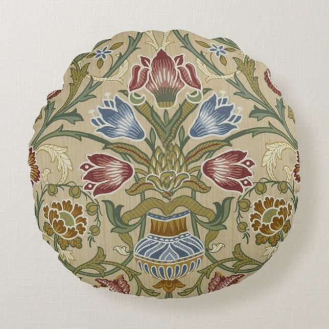 William Morris Brocaat Bloem Behang Patroon Rond Kussen (Voorkant)
