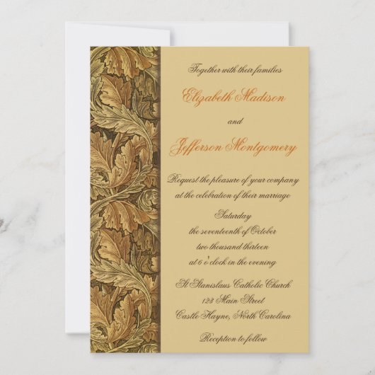 William Morris Brown Leaves Wedding Invitation Kaart (Voorkant)