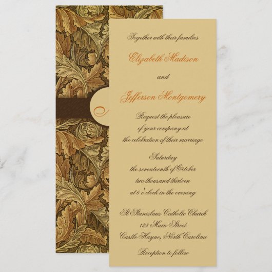 William Morris Brown Leaves Wedding Invitation Kaart (Voorkant / Achterkant)