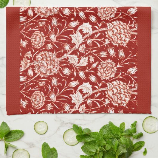 William Morris Carnan Print, Deep Red en White Theedoek (Gevouwen)